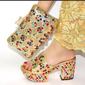 Glamourous Rhinestoned Gold Platform Mules Heels w/ matching bag